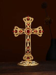 十字壁炉装饰 - 闪闪发光的莱茵石金属十字架，红/白水晶，优雅的家居装饰