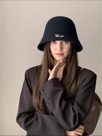 1pc Women's Autumn/Winter Wool Felt Bucket Hat, High-End Face-Covering Bowler Hat, Fashion Rhinestone Metal Butterfly Decor, Versatile Bucket Hat, Brimmed Cap
