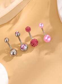 4 قطع أقراط سرة من الفولاذ المقاوم للصدأ المرصعة بالراين ستون، مجوهرات بسيطة لثقب البطن للنساء