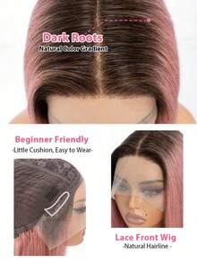 QVR QUEEN VIRGIN REMY Tóc giả bobo ren phía trước kiểu T-part 100% tóc thật, có tóc con, tóc Remy nguyên chất, tóc giả ren rẽ ngôi giữa, đường chân tóc tự nhiên, màu hồng ombre, tóc giả không cần keo dán dành cho nữ. - S4/PINK - Xem 5
