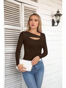 Womens Fashion Fall Cutout Long Sleeve Ribbed Slim Fitted Tops Shirts Tee Tshirts - 長咖啡 - 查看 5