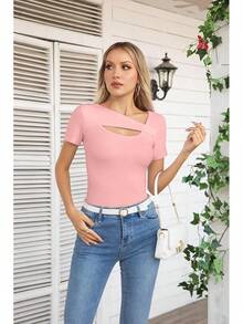 Womens Fashion Fall Cutout Long Sleeve Ribbed Slim Fitted Tops Shirts Tee Tshirts - 短光粉紅 - 查看 2