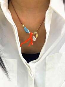 1 Stück kreative keramische Korallen Fisch & Kunstperlen Anhänger verstellbare geflochtene Halskette, vintage modische Acryl Korallen keramische Fisch Halskette Handarbeit Choker, geeignet für täglichen Gebrauch, Partys, Urlaubsoutfits von Frauen
