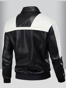 男士长袖时尚休闲撞色拉链立领PU皮夹克，秋冬款 - 黑色 - 查看 2