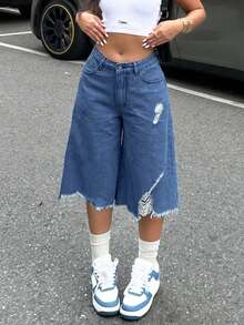Women's Distressed Asymmetrical Hem Capri Denim Jeans - Medium Wash - View 1