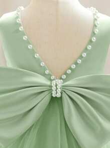 Baby Girls Mint Green Handmade Beaded 3D Bow Christmas Party Elegant Tulle Princess Dress, Suitable For Girls' 1st Birthday Gift, Party, Banquet, Holiday Celebration - Mint Green - View 5