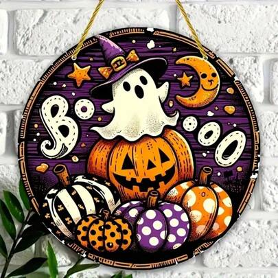 1 Piece Halloween Wooden Door Hanging - Wall Decor Welcome Sign With Ghost, Pumpkin And Fall Ribbon - Perfect New Home And Party Decoration Gift For Home, Office And Garden