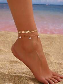 2 件时尚百搭简约飞机吊饰珍珠装饰脚链套装，适合女士