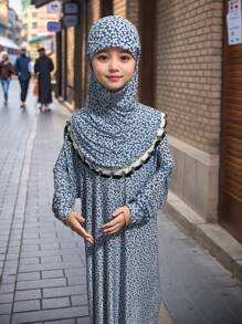 5-13 Years Old Muslim Girls' Abaya Dress (Multiple Colors Available), Traditional Arabic Style Habaya, New Fashionable Muslim Girls' Outfit, Breathable Loose Pink Floral Design With Headscarf (Multiple Colors Available)