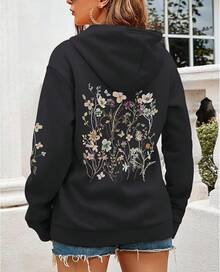 Women's Floral Printed Hoodies Vintage Aesthetic Flower Graphic Sweatshirt Cute Boho Fleece Thermal Hoodie Pullover - 黑色 - 查看 3