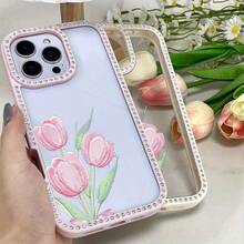 Funda para teléfono 1 unidad, tulipanes rosas, delicada pintura de acuarela, brillante, doble cara | Funda brillante para 11/12/13/14/15/16 pulgadas, funda brillante con brillo profesional y pegatinas de joyas |/ Regalos de cumpleaños para mujer - Blanco - Ver 3