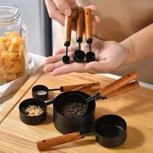 8pc Stainless Steel Measuring Cup And Spoon With Rosewood Handle, Durable Kitchen Baking Tools Including Spice Spoon And Coffee Spoon, Nested Design For Easy Storage, Suitable For Baking Cooking And Cocktail Making - Bộ 8 món màu đen - Xem 5