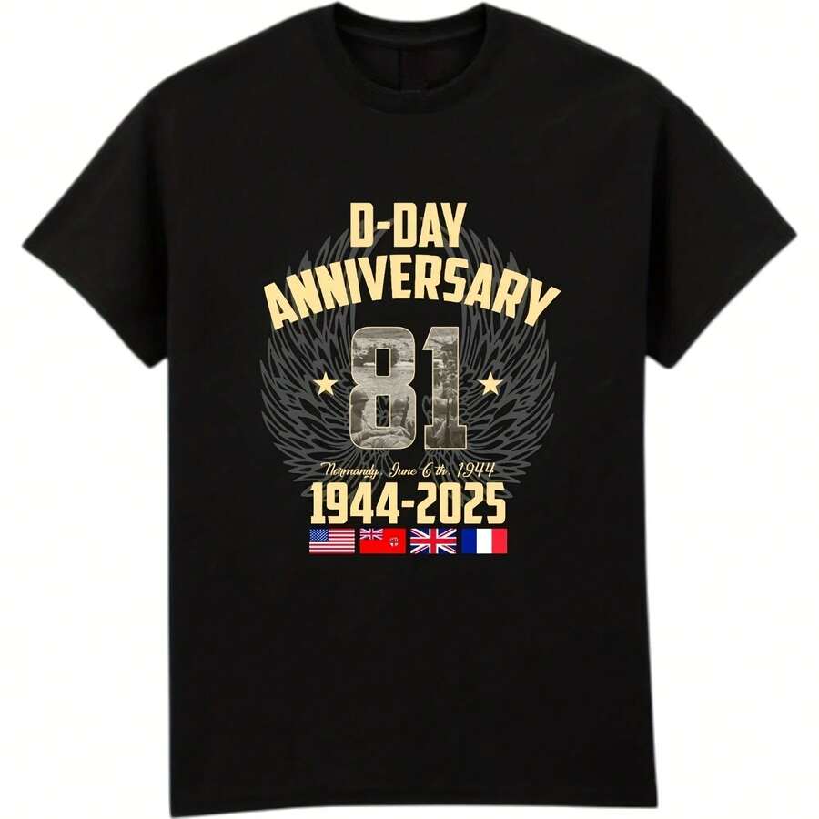 D-Day 81st Anniversary Military T-Shirt Vintage Patriotic Cotton Tee US UK Canada Veterans Graphic Print Streetwear Camisetas - 黑色13 - 查看 1