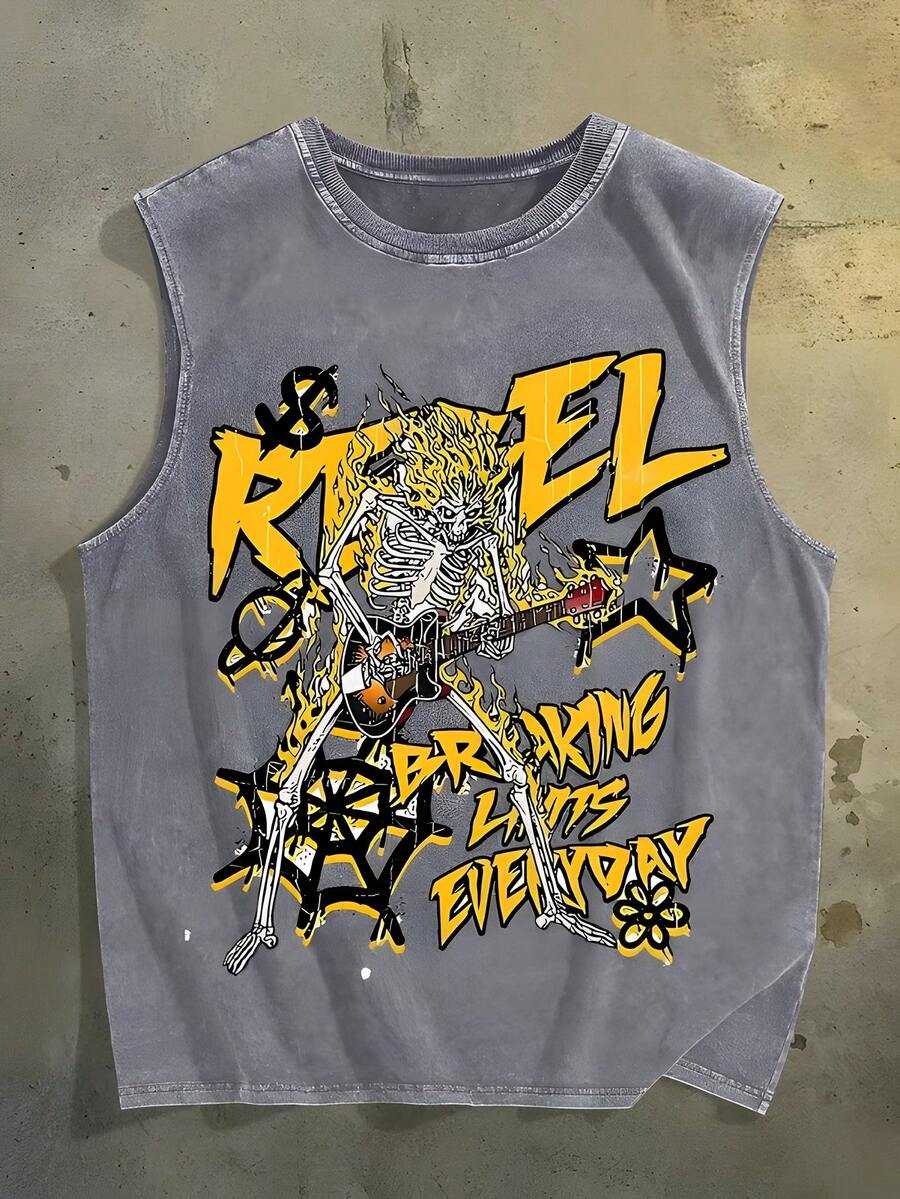Street Rock Fan! Sleeveless T-Shirt Skull Guitar Printing, "BREAKING LIMITS" Text, Old Washing, Pure Cotton Material, To Create A Rock  To Wear! - 灰色 - 查看 1