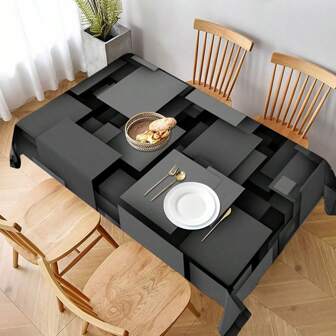 1pc Geometric Black And Gray Tablecloth, Polyester, Thick Plaid Fabric - Suitable For Home Dining Room, Living Room, Kitchen Decor | Ideal For Gifts And Party, Party Tabletop Setting | Modern Dining Table Decor | Durable Tablecloth