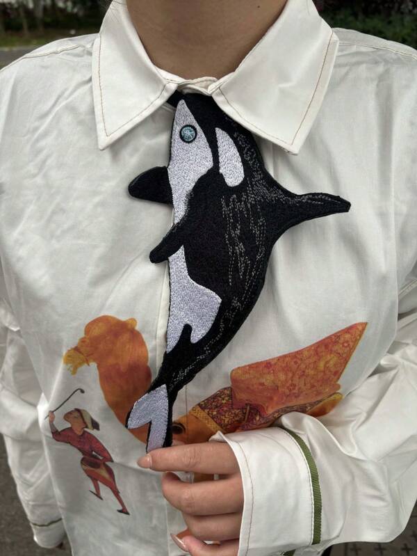 Handmade Whale Series Vintage French Boutique Fishbone Embroidery Patchwork Necktie Accessories
