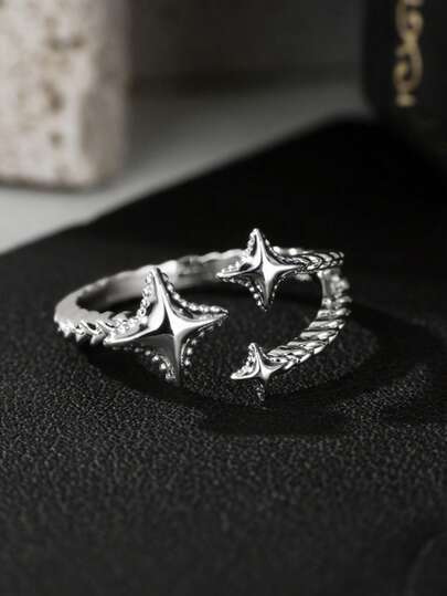 Anel masculino ajustável em aço inoxidável com cruz e estrela, estilo vintage minimalista, com zircônia cúbica geométrica, ideal para uso diário.