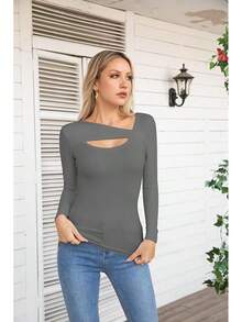 Womens Fashion Fall Cutout Long Sleeve Ribbed Slim Fitted Tops Shirts Tee Tshirts - 長灰 - 查看 2
