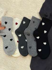5 Pairs Women Mid-Calf Socks With Gray Heart Print, Versatile & Casual