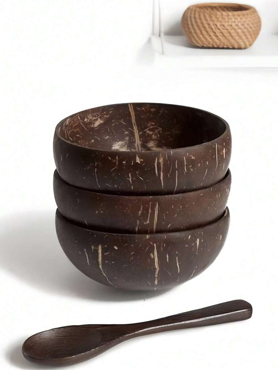 1 bol de servire în formă de nucă de cocos, bol din lemn pentru fulgi de ovăz, salată, masă ușoară și micul dejun