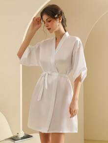 Women's Silk Nightgown Wedding Dressing Robe Lightweight Cardigan Robe Bridal Morning Robe Friend's Robe, Suitable For Home And Hotel Wear. - White - View 5