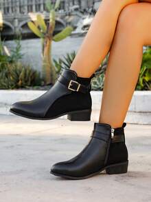 女士黑色时尚英伦风格 PU+麂皮拼接鞋头，经典搭扣装饰，侧拉链百搭踝靴，织物衬里保暖透气，橡胶平底舒适耐用，优雅短靴，适合秋冬，女士靴子 - 黑色 - 查看 5