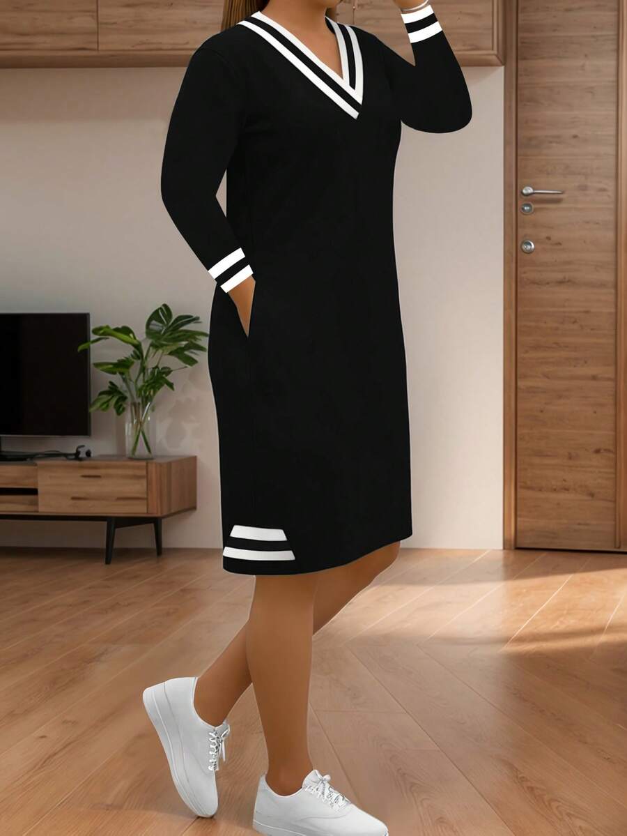 大码女式时尚弹力修身长袖休闲连衣裙，春/秋/冬优雅黑色 - 黑色 - 查看 1