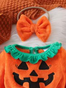 1pc Infant/Toddler Girls' Cute Soft Comfortable Orange Long Sleeve Romper Dress, Thick For Autumn/Winter