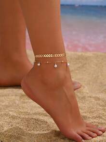 2 件时尚百搭简约飞机吊饰珍珠装饰脚链套装，适合女士