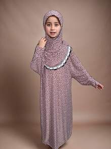 5-13 Years Old Muslim Girls' Abaya Dress (Multiple Colors Available), Traditional Arabic Style Habaya, New Fashionable Muslim Girls' Outfit, Breathable Loose Pink Floral Design With Headscarf (Multiple Colors Available)