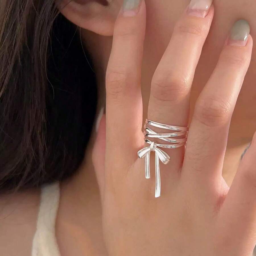 1 件独特的蝴蝶结丝带开放式设计女士戒指，适合日常佩戴和派对，时尚女士配饰 - 蝴蝶型 - 查看 1