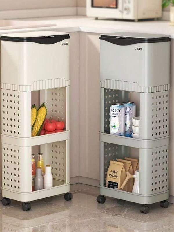Papelera de cocina con ruedas y tapa, organizador de baño móvil y de varios niveles