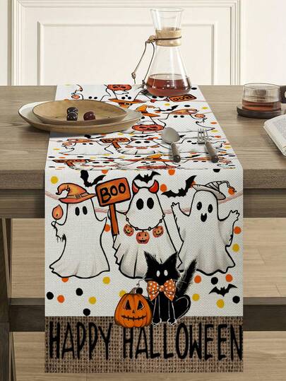 1pc/30pcs Halloween Linen Table Runner, Cartoon Ghost, Pumpkin, Bat, Black Cat, Bowknot Holiday Design Table Cloth, Suitable For Home, Restaurant, Dining Table Decor