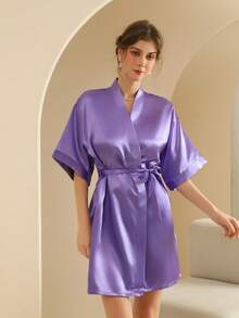 Women's Silk Nightgown Wedding Dressing Robe Lightweight Cardigan Robe Bridal Morning Robe Friend's Robe, Suitable For Home And Hotel Wear. - Light Purple - View 2
