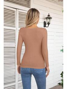 Womens Fashion Fall Cutout Long Sleeve Ribbed Slim Fitted Tops Shirts Tee Tshirts - 長卡其色 - 查看 4