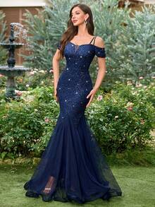 MIUSOL Sequin Floral Lace Deep V-Neck Off Shoulder Mesh Mermaid Hem Evening Party Maxi Dress,Elegant Party Dress For Women,Formal Evening Gown,Prom Dress - Navy Blue - View 6