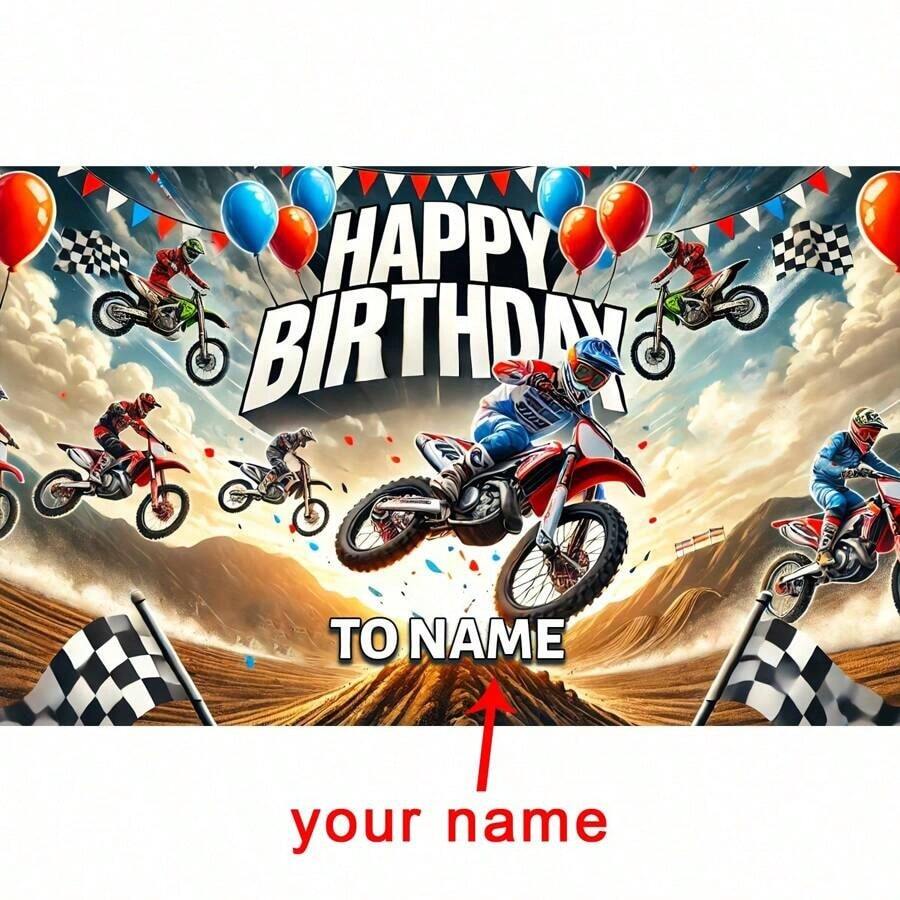 [Niestandardowy] Baner na przyjęcie urodzinowe z motywem motocykla terenowego, tło z poliestru z motywem wyścigów motocyklowych, nadaje się do dekoracji wielofunkcyjnych, fotobudki i imprez okolicznościowych bez zasilania