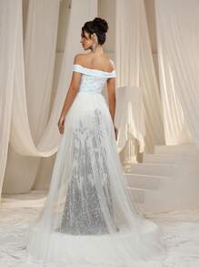 Faeriesty Robe de soirée élégante pour femme avec épaules dénudées, manches courtes, ourlet en queue de poisson et panneaux latéraux en tulle - parfaite pour les galas sur tapis rouge, les dîners de gala, les événements de bal, les réceptions en tenue de soirée et les célébrations de luxe