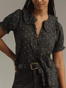 Women Y2k Puff Sleeve Peter Pan Collar Shirt Tops Button Down Boho Floral Print Ruffle Blouse Summer Cotton Babydoll Top - 深灰色 - 查看 2