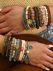 42 Pcs Mixed Vintage Style Multilayer Synthetic Turquoise & Wooden Beaded Bracelet Set With Butterfly/Heart/Hat Charms - Handmade Friendship Bracelet For Men Women - 棕綠色 - 查看 7