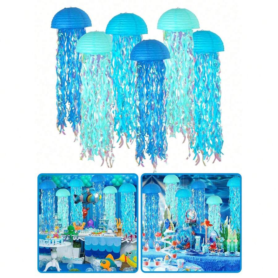 3pcs Pink Purple Blue Hanging Jelly Fish Paper Lanterns, Gradient Colorful Paper Lanterns, Jellyfish Paper Lanterns, For Mermaid Theme Party, Under The Sea Ocean Birthday Decorations, Under The Sea Theme, Ocean & Beach Room Hanging Decor, Shower Room Garland Mermaid Party Decoration, Colorful Hanging Streamers Suitable For Birthday Baptism Weddi - Multicolor - View 1