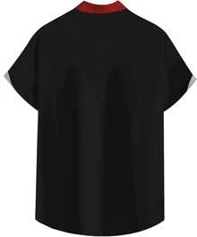 Vintage 1950s Casual Short Sleeve Button Up Contrast Summer Color Block Cuban Bowling Shirts Men - Poker - Xem 2