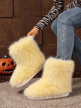 2025 New Fashion Faux Fur Slip-On Warm Lined Anti-Slip Short Boots, Suitable For Outdoor Wear