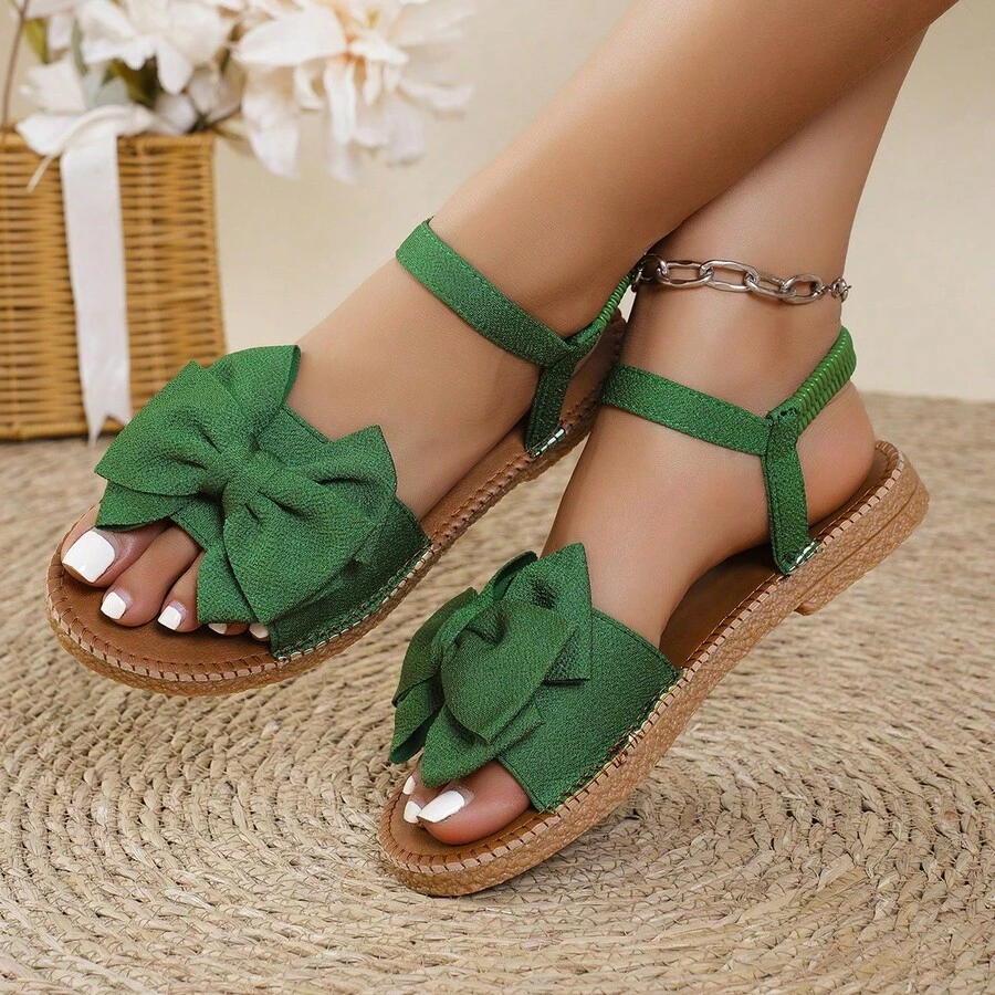 Summer Cowhide Leather Bow Slippers With Soft Sole, Casual Beach Sandals With Flat Heel, - Green - View 1