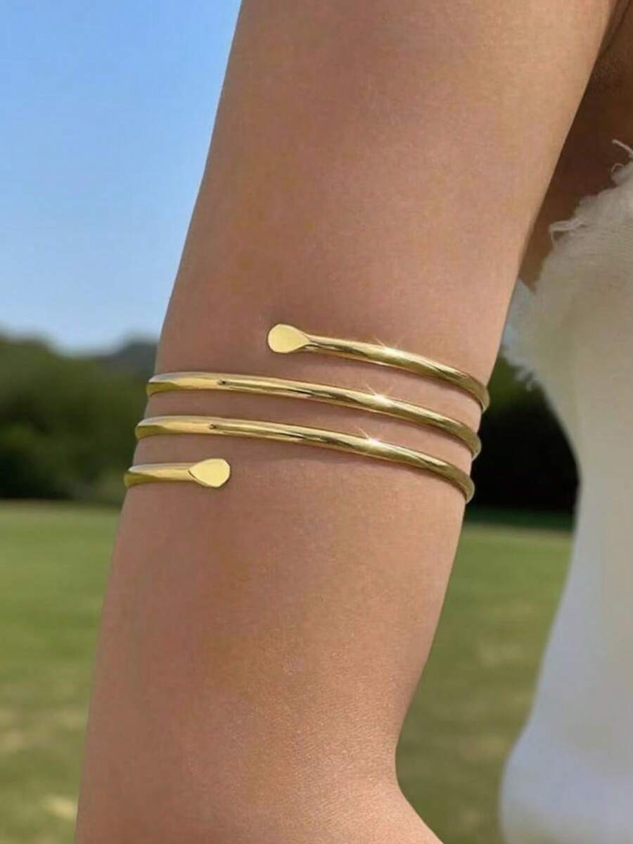 1pc Simple Triple-Layer Hollow Out Metallic Arm Cuff - Gold - View 1