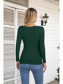 Womens Fashion Fall Cutout Long Sleeve Ribbed Slim Fitted Tops Shirts Tee Tshirts - 長暗綠色 - 查看 4