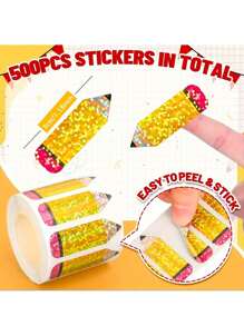 500 张/卷全息激光切割铅笔贴纸，防水自粘密封贴纸，适用于剪贴簿、信封、第一天装饰和 DIY 学校用品、铅笔装饰、剪贴簿装饰