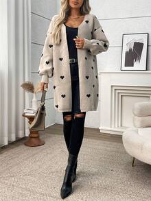 Plus Size Casual Heart Pattern Contrast Color Knit Cardigan Sweater - Khaki - View 3