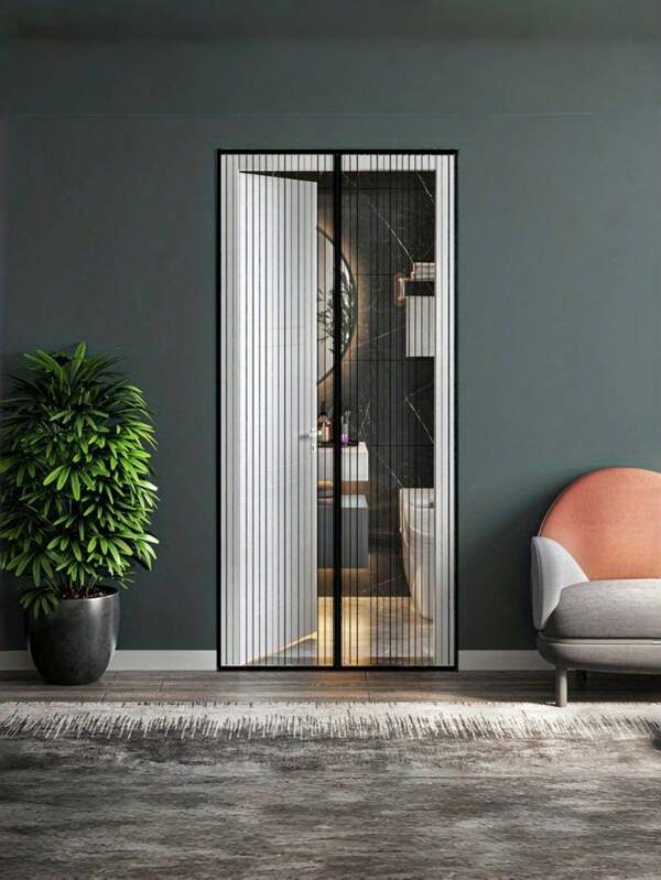 1 pieza Cortina de puerta de gasa suave con rayas verticales y hebilla magnética, adecuada para ventilación y prevención de mosquitos, tamaño adecuado para puertas de 36 X 82 pulgadas, tamaño de la malla: 39 X 82 pulgadas, los paneles de malla evitan que entren los insectos