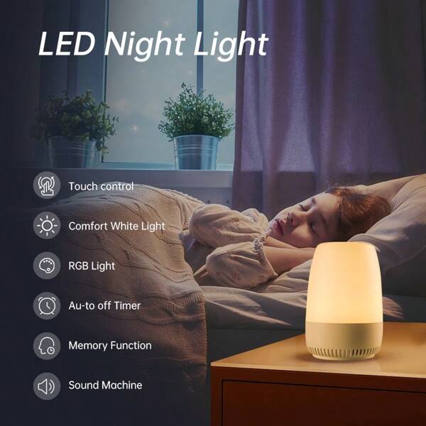 Smart Touch Night Light With White Noise Machine – 19 Soothing Sounds, Dimmable RGB LED Bedside Lamp, USB-C For Power, Timer & Memory, Portable Nursery Lamp For Baby Adults, Breastfeeding, Home Gifts